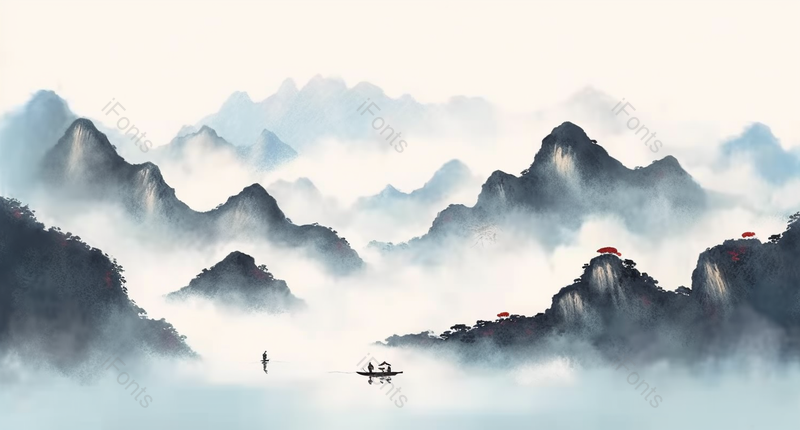 蓝色淡雅水墨山水画新中式水墨画,插画/手绘图,插画/手绘图库,插画/手绘图下载,插画/手绘
